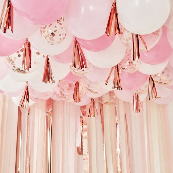Blush, White & Rose Gold Ceiling Balloons with Tassels